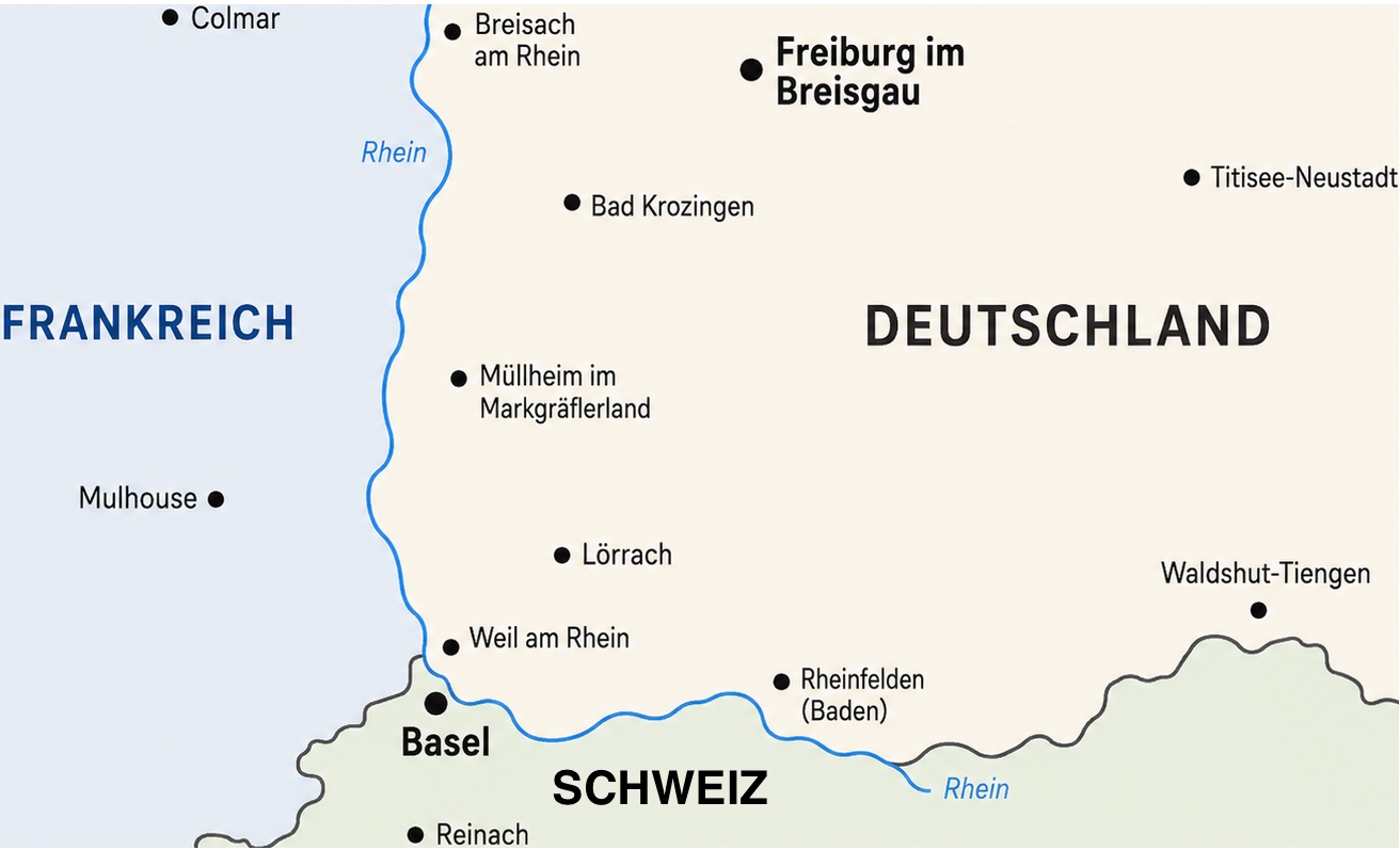 Kartenausschnitt vom Dreiländereck mit Ländergrenzen und größeren Orten wie Freiburg, Lörrach und Basel