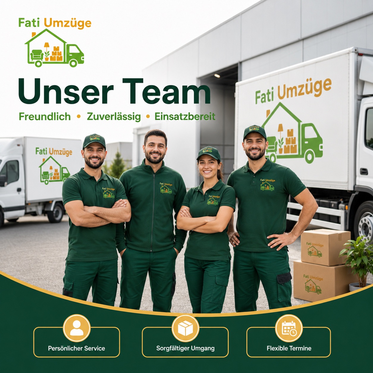 Fati Umzüge Team mit Arbeitskleidung