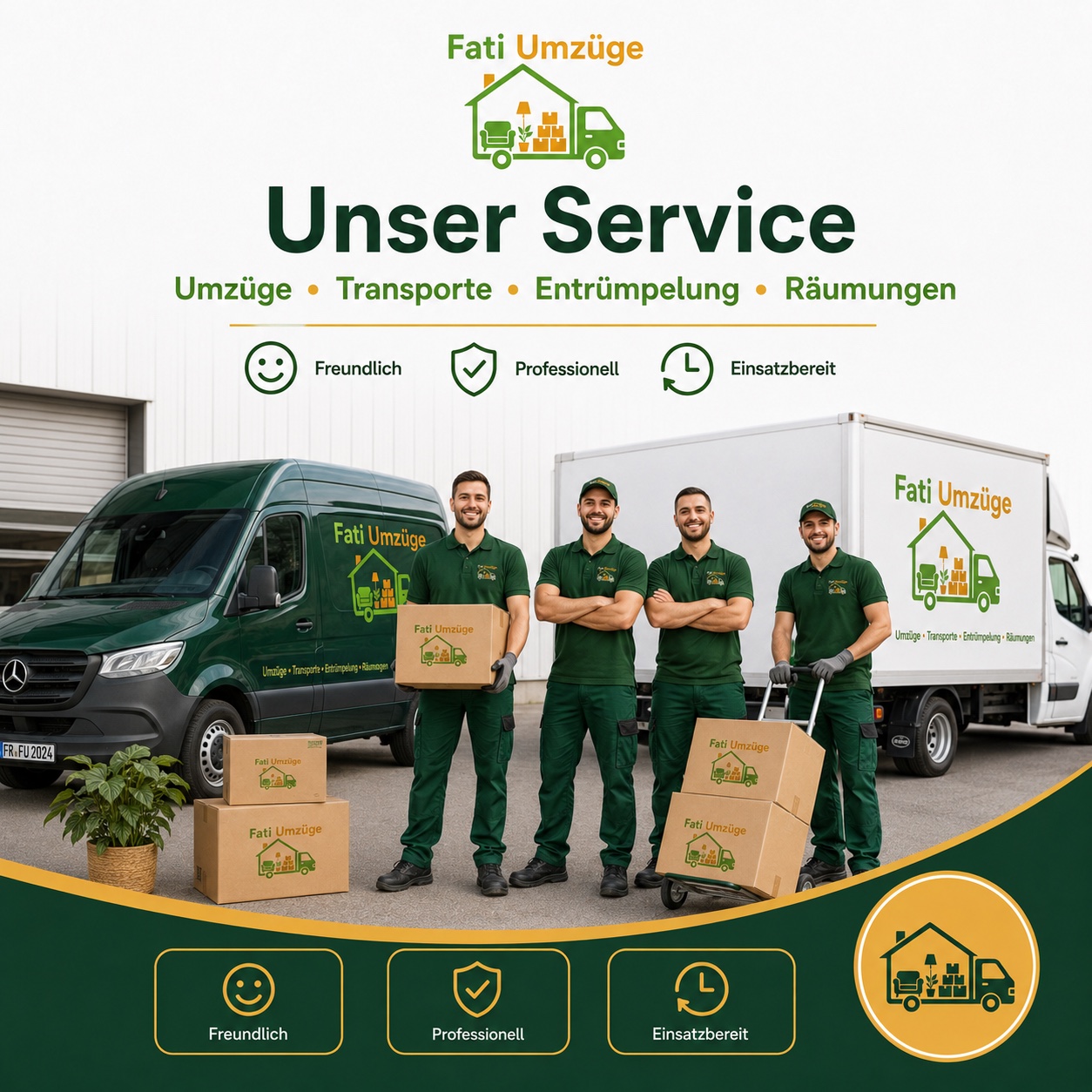 Fati Umzüge Team mit Transportern und Umzugskartons